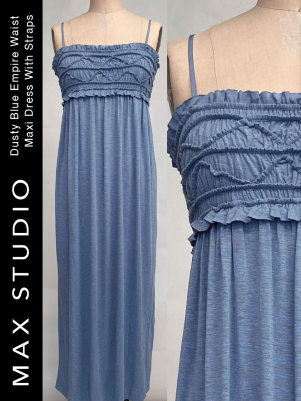 Max Studio Dusty Blue Empire Waist Maxi Dress With Straps Size M